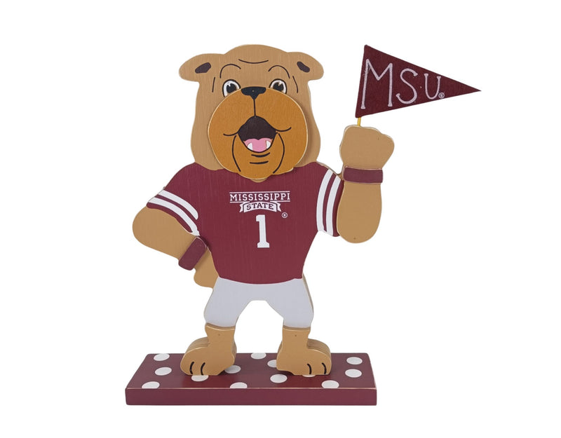 Bulldog mascot figurine wearing a Mississippi State jersey with a pennant on a white background