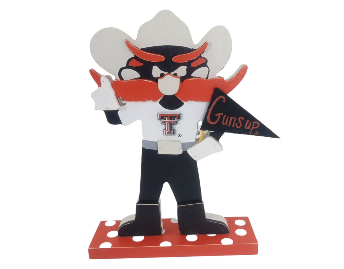 Texas Tech University tabletop décor featuring the Masked Rider holding a Guns Up flag and wearing a Texas Tech jersey.
