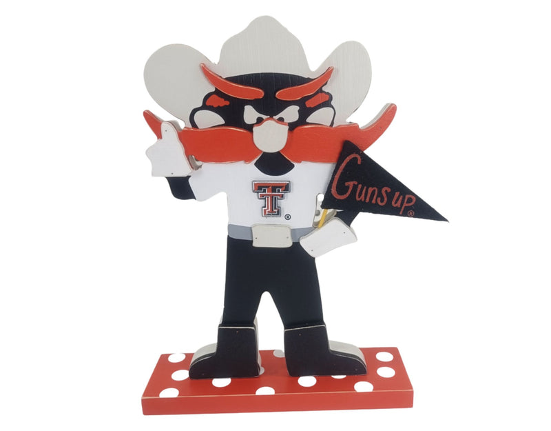 Texas Tech University tabletop décor featuring the Masked Rider holding a Guns Up flag and wearing a Texas Tech jersey.