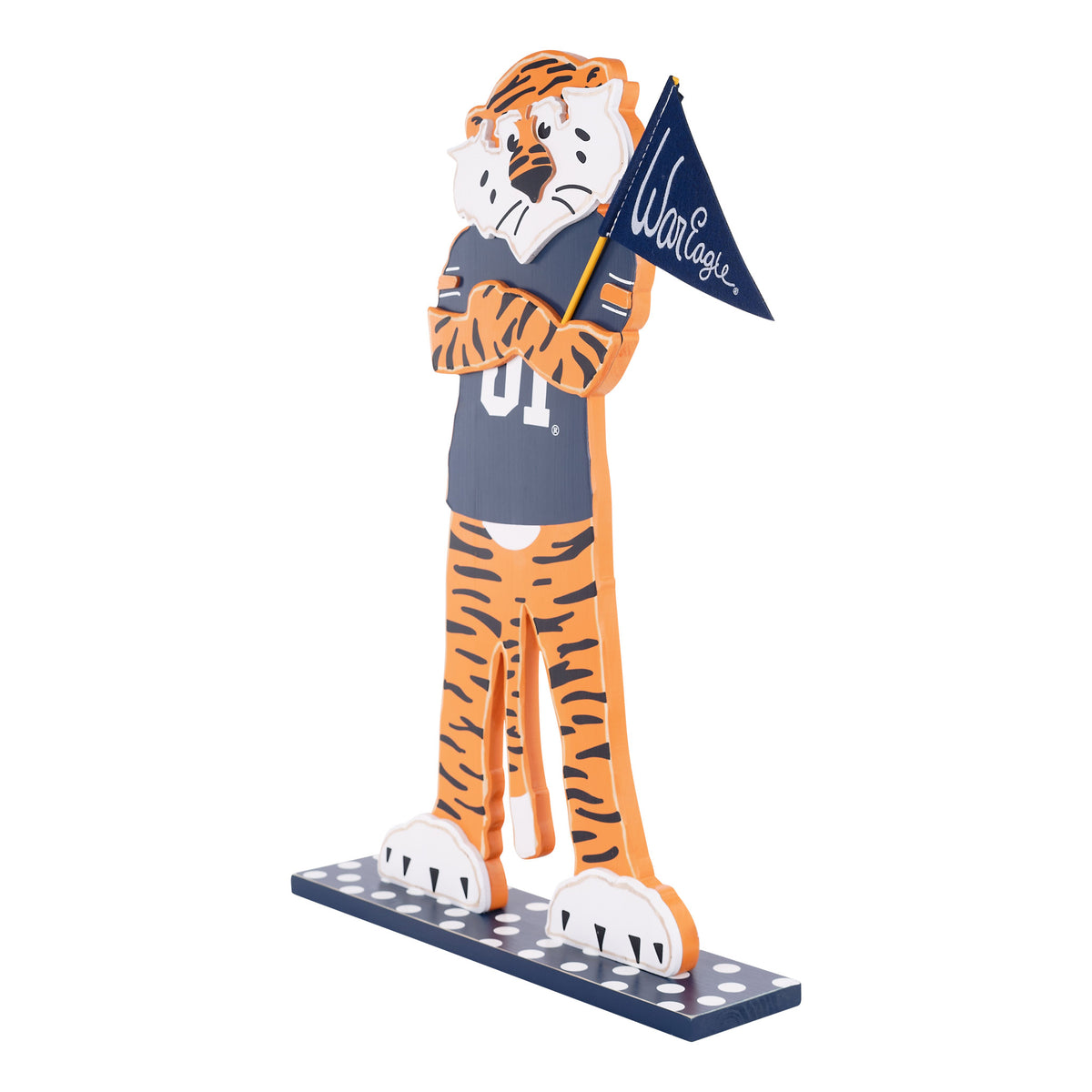 Auburn tiger mascot figurine holding a 'WarEagles' flag on a white background