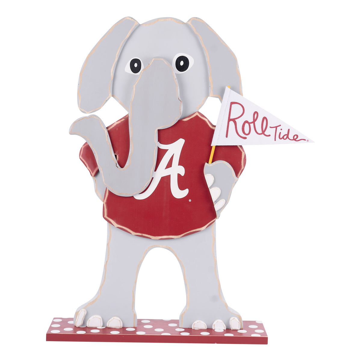 University of Alabama tabletop décor featuring Big Al holding an Alabama flag and wearing an Alabama jersey.