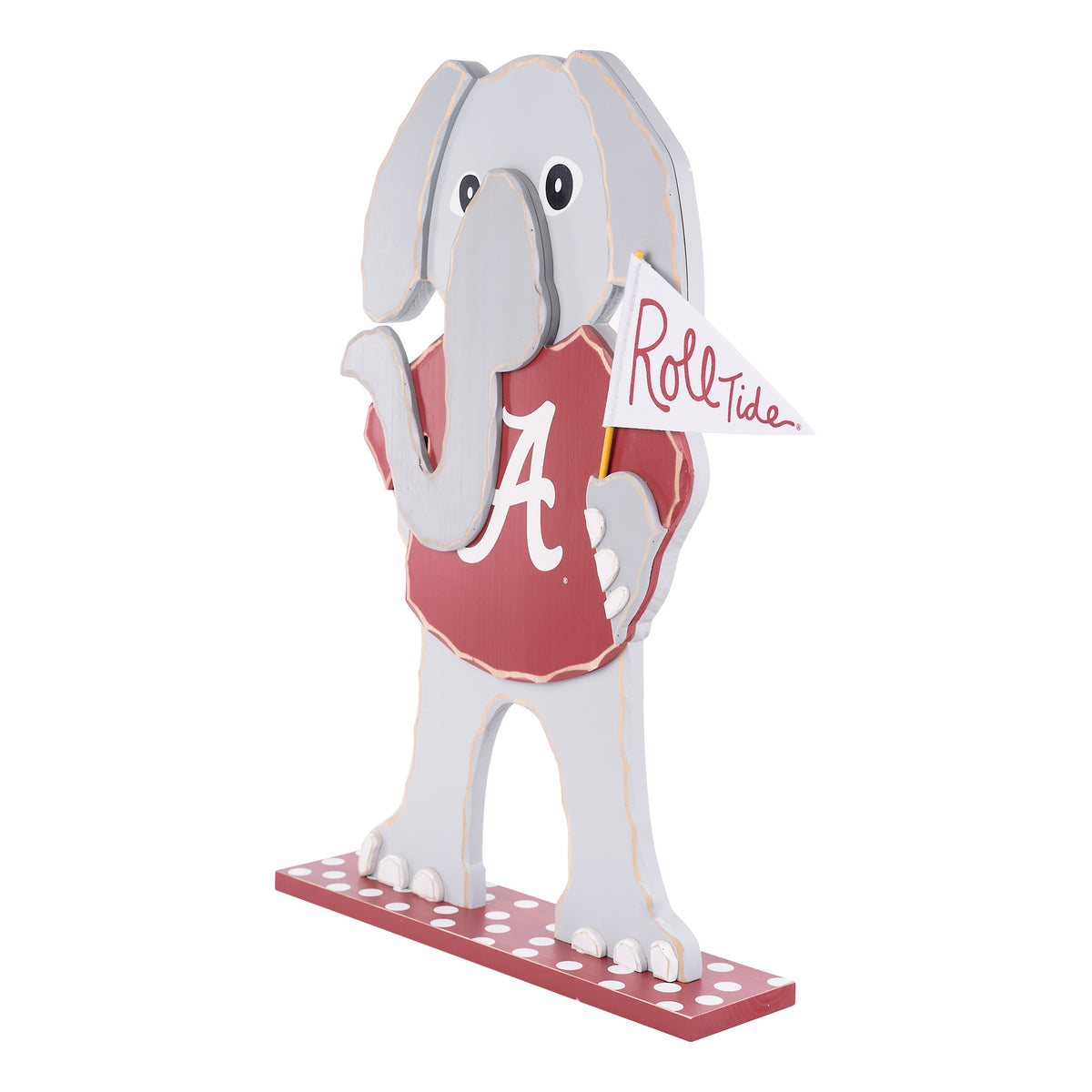 University of Alabama tabletop décor featuring Big Al holding an Alabama flag and wearing an Alabama jersey.