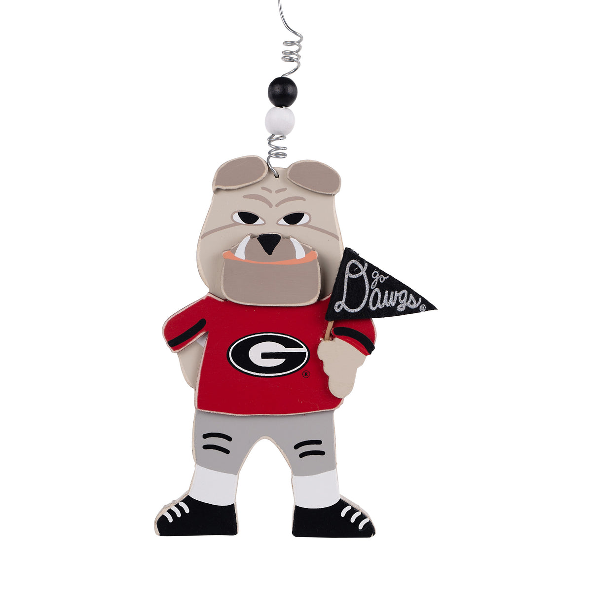 University of Georgia ornament featuring Hairy Dawg holding a Go Dawgs flag and wearing a Bulldogs logo jersey.