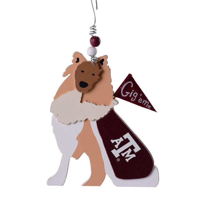 Texas A&M University ornament featuring the Reveille mascot holding a Gig 'em flag and wearing a Texas A&M logo jersey.