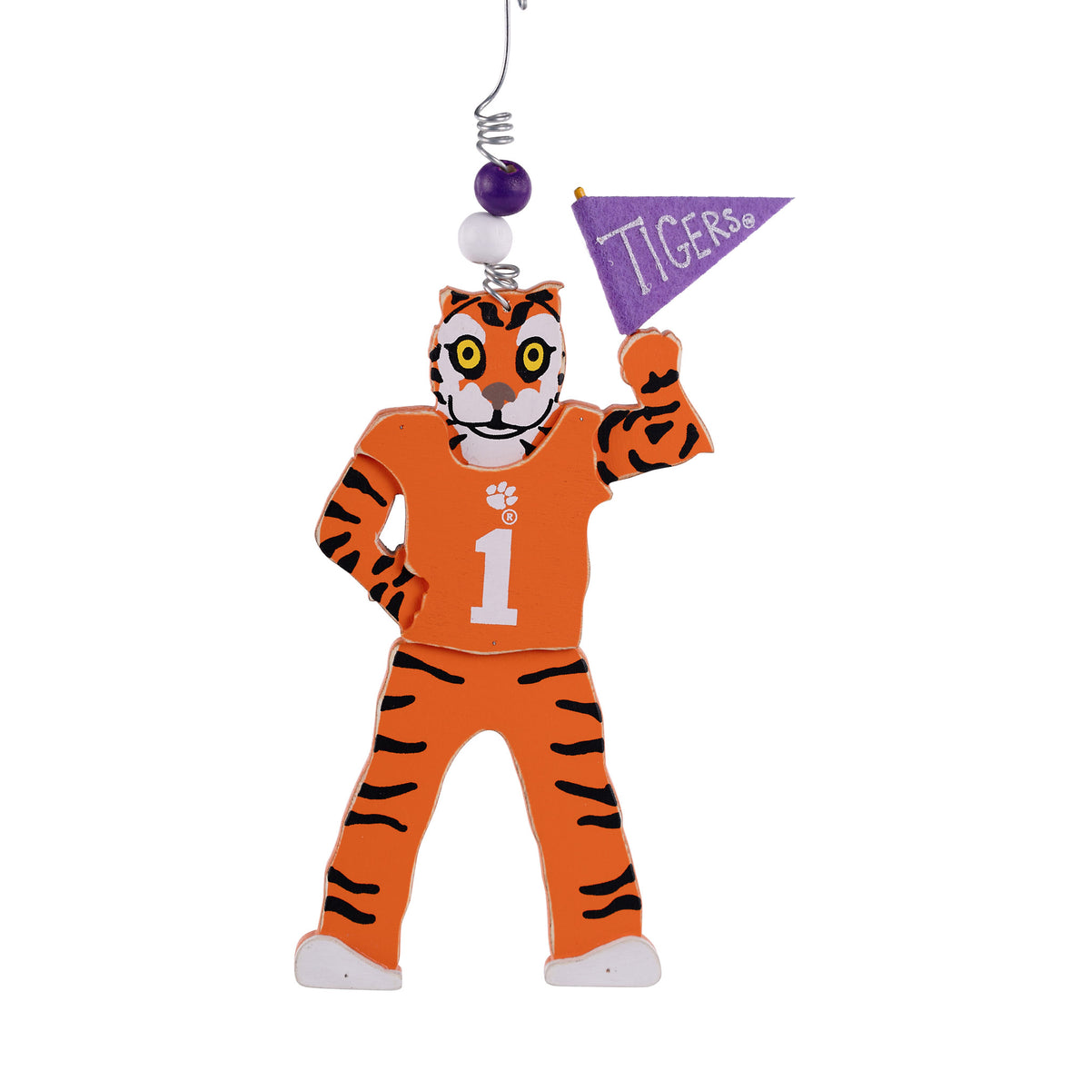 Clemson University ornament featuring the Tiger mascot holding a Clemson flag and wearing a Tiger Paw logo jersey.