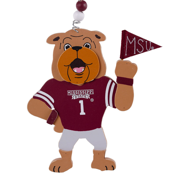 Bulldog ornament wearing Mississippi State jersey and holding a flag on a white background