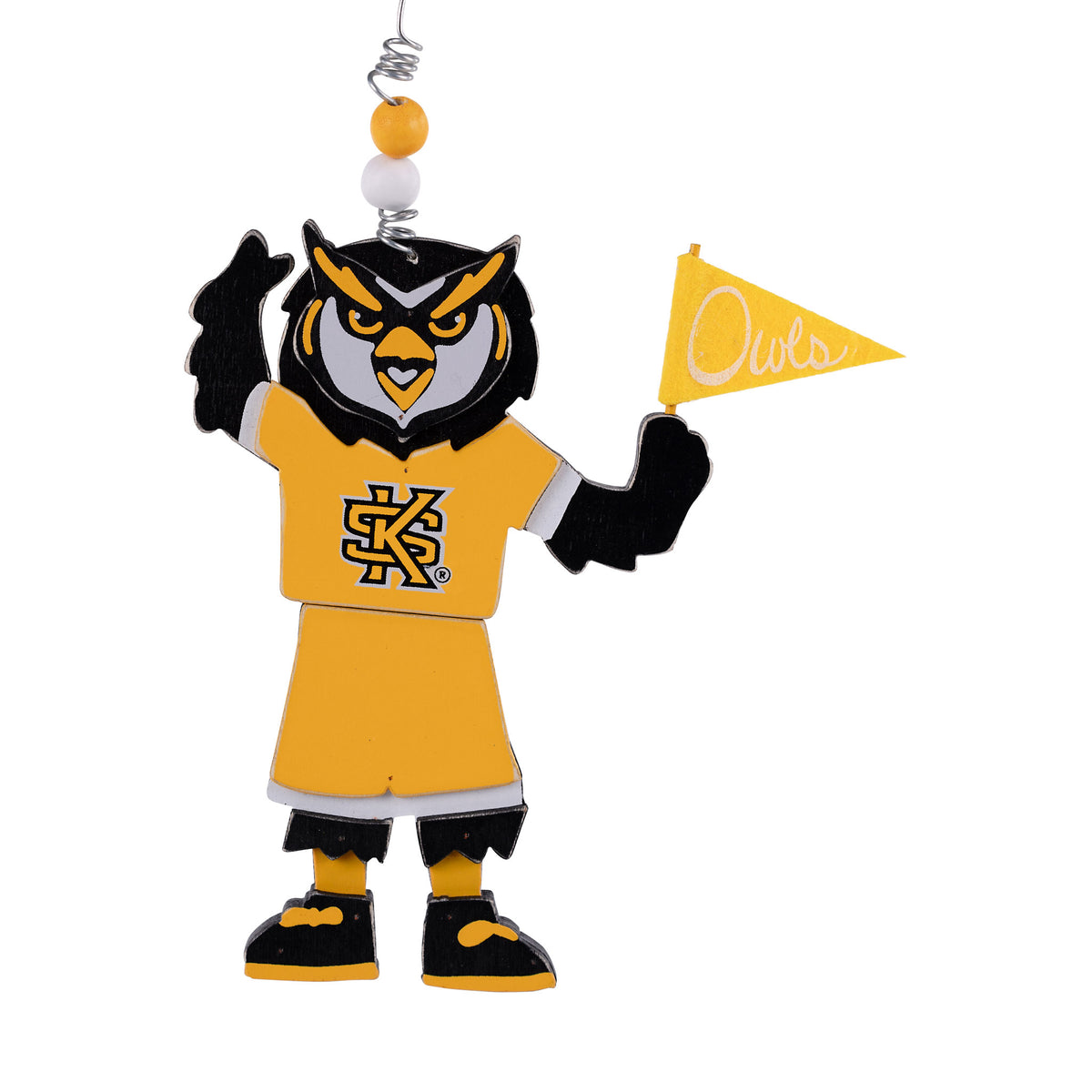 Kennesaw State University ornament featuring Scrappy the Owl mascot holding an Owls flag and wearing a KSU logo jersey.
