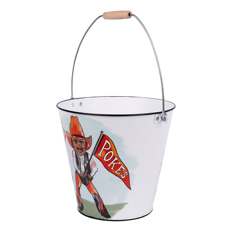 Oklahoma State University metal bucket featuring Pistol Pete holding a “Pokes” flag.