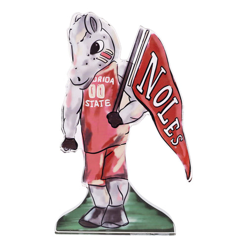 Florida State University acrylic stand featuring the Seminoles mascot holding a Noles flag.