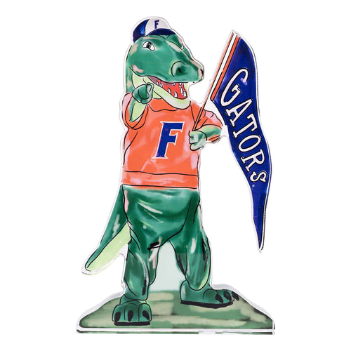 University of Florida acrylic stand featuring the Gators mascot holding a Gators flag.