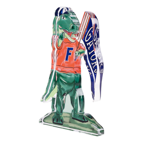 University of Florida acrylic stand featuring the Gators mascot holding a Gators flag.
