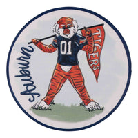 Set of four coasters with illustration of Aubie holding a 'Tigers' flag and 'Auburn' text on a white background.
