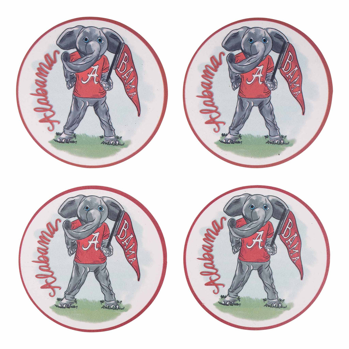 University of Alabama set of four coasters featuring Big Al holding a Bama flag.