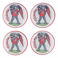 University of Alabama set of four coasters featuring Big Al holding a Bama flag.
