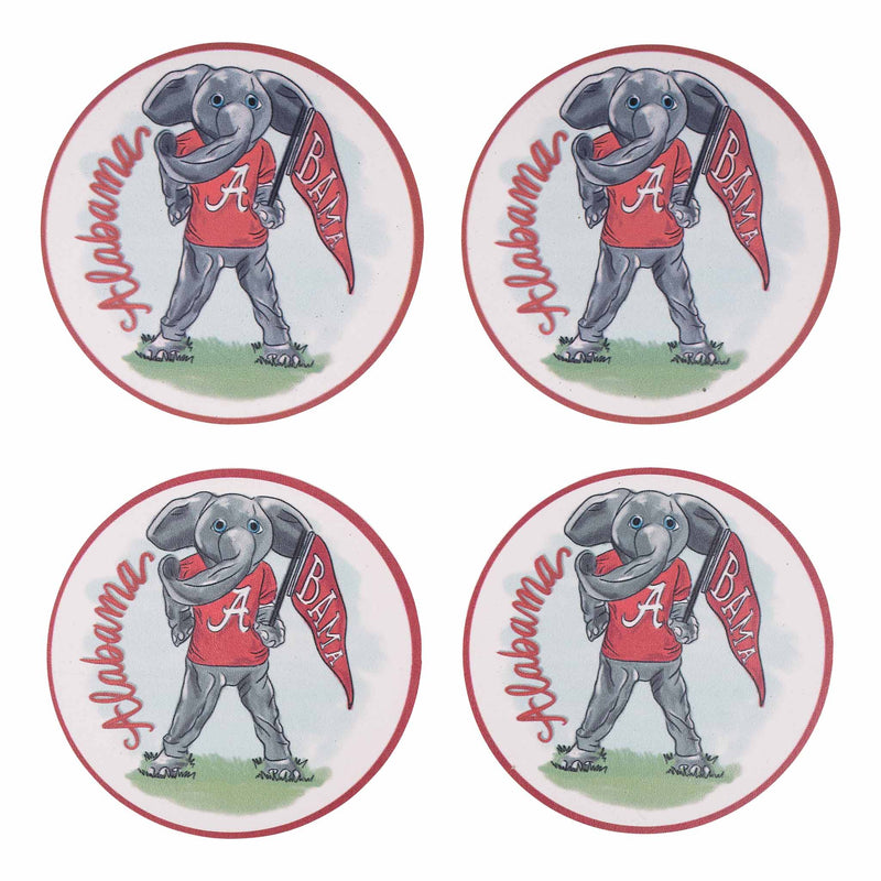 University of Alabama set of four coasters featuring Big Al holding a Bama flag.