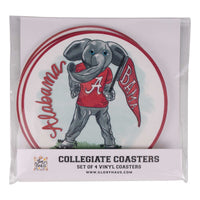 University of Alabama set of four coasters featuring Big Al holding a Bama flag.