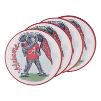 University of Alabama set of four coasters featuring Big Al holding a Bama flag.