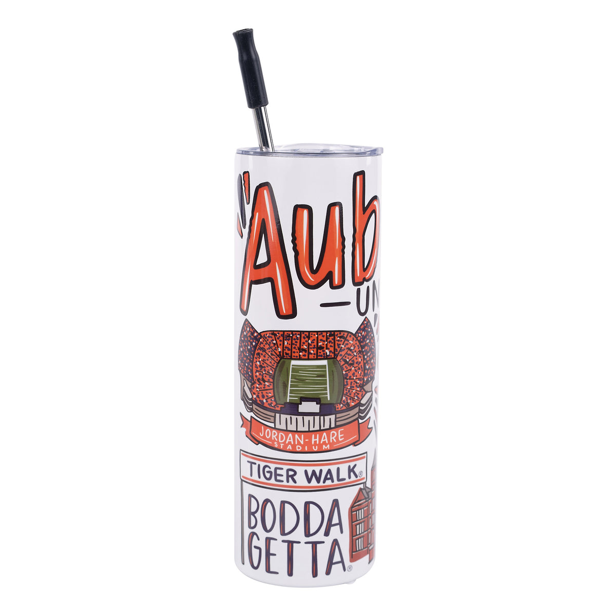 Tumbler with Auburn University branding and graphics on a white background