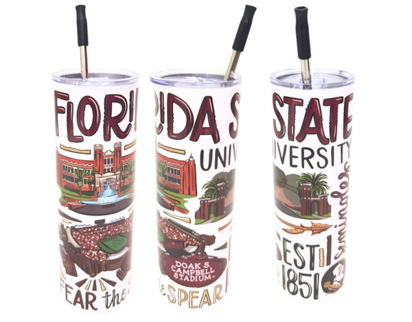 Three tumblers with Florida State University designs and text on a white background