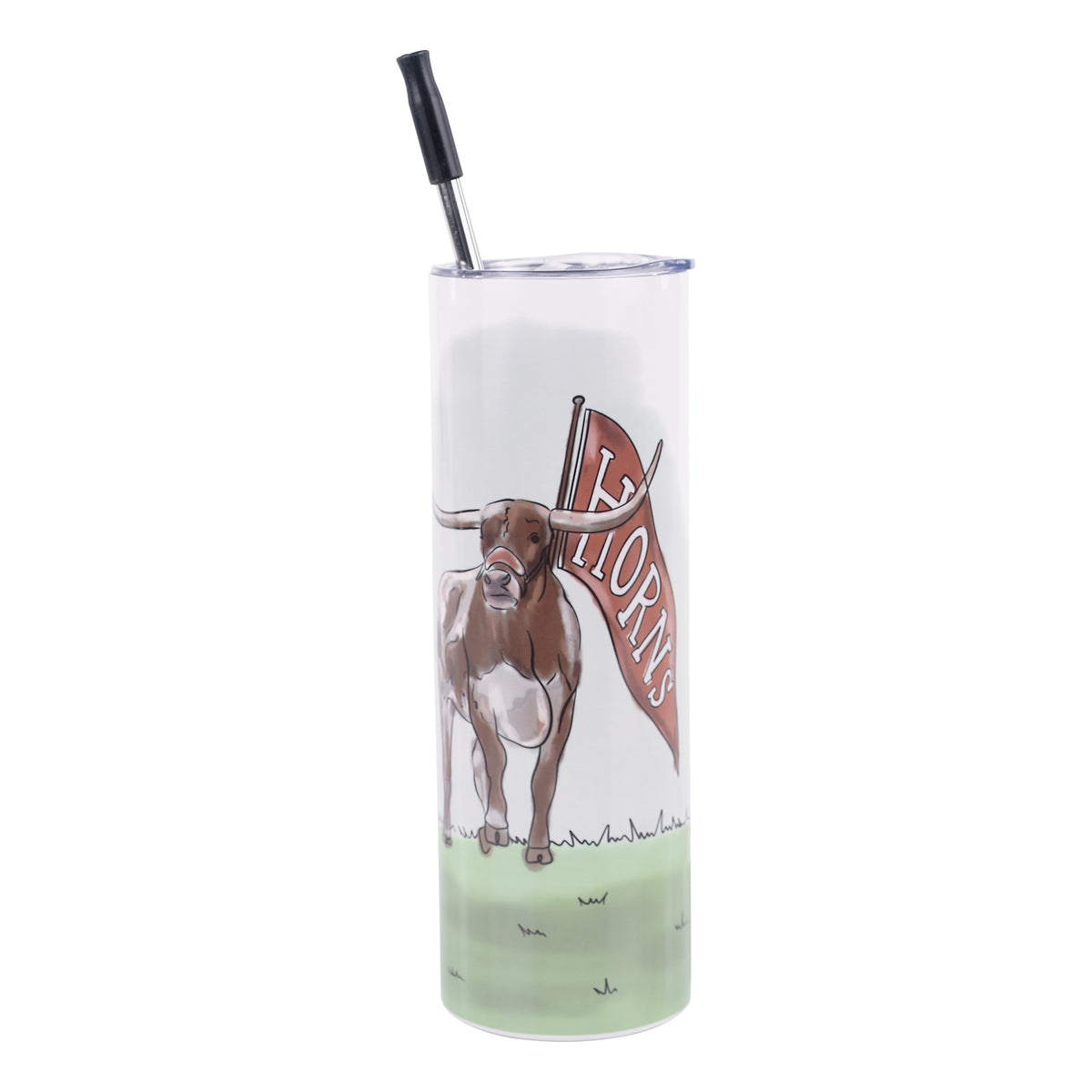 University of Texas tumbler featuring Bevo holding a Longhorns flag.