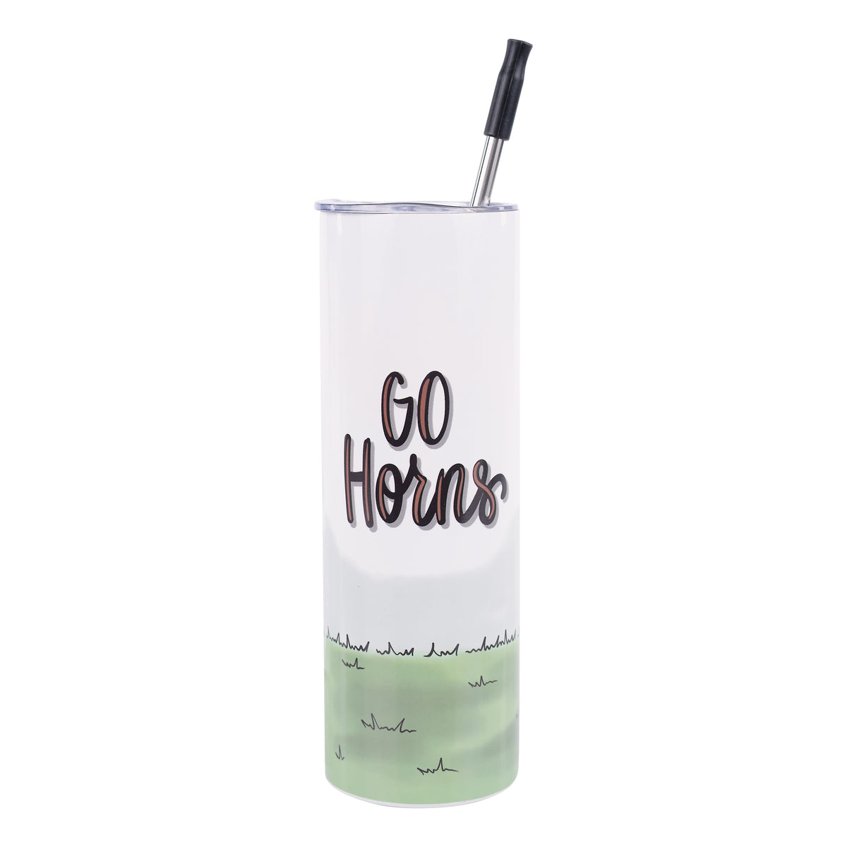 University of Texas Tumbler with 'Go Horns' text and grass design on a white background
