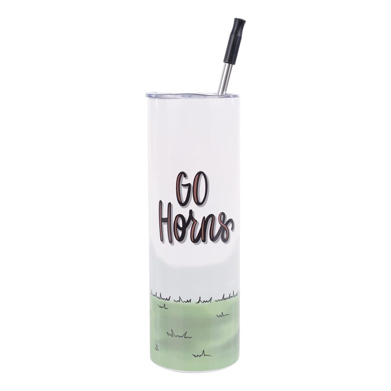 University of Texas Tumbler with 'Go Horns' text and grass design on a white background