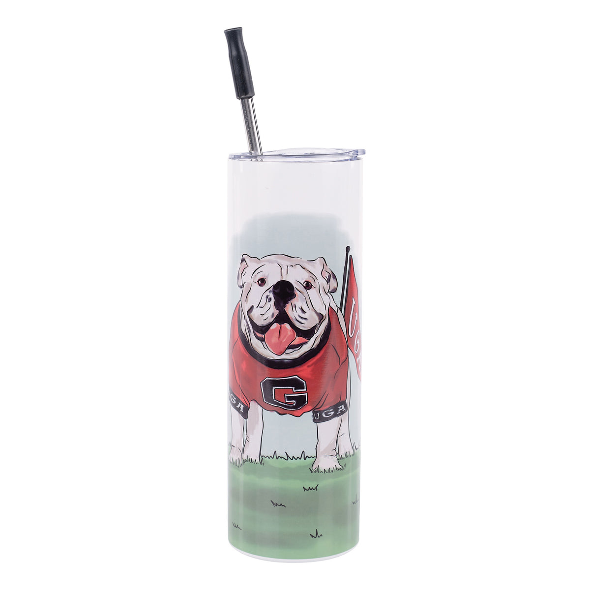 University of Georgia tumbler featuring Uga holding a UGA flag.