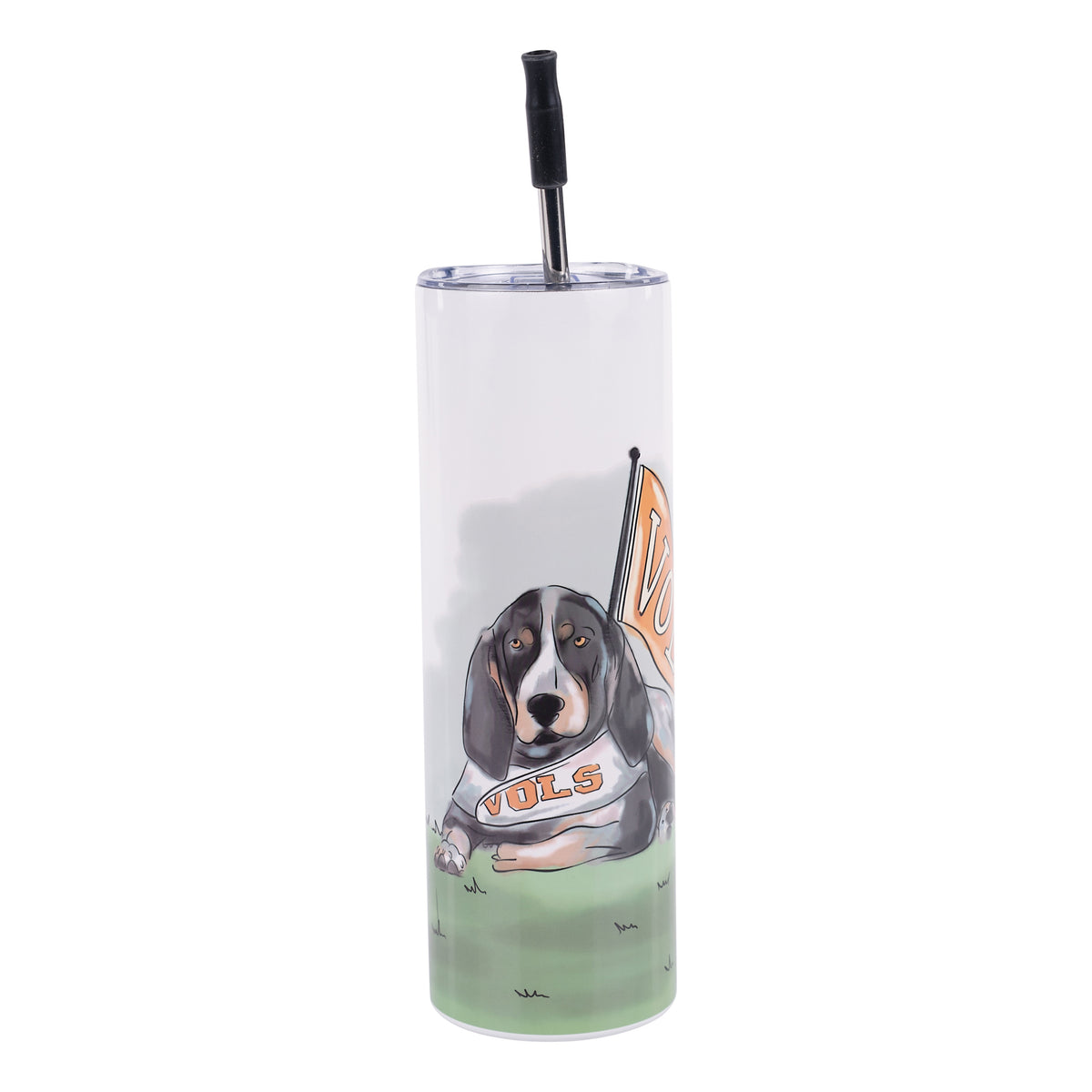 University of Tennessee tumbler featuring Smokey holding a Vols flag.