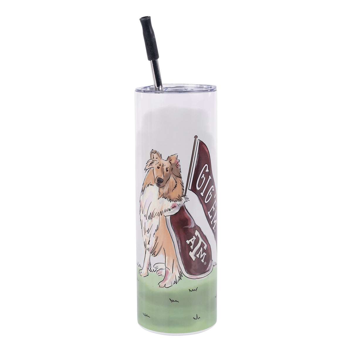 Texas A&M University tumbler featuring Reveille holding a “Gig ’Em” flag.