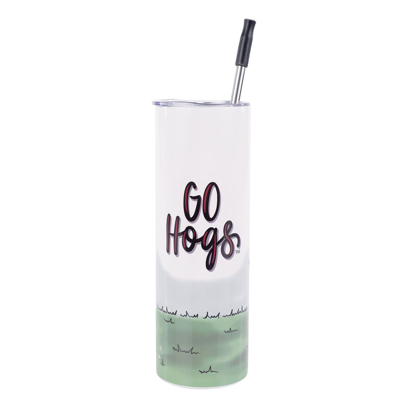 Arkansas Tumbler with 'GO HOGS' text and gradient design on a white background