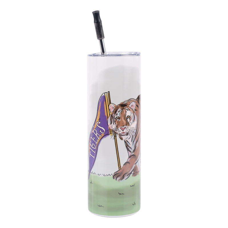 LSU tumbler featuring Mike the Tiger holding a tigers flag.