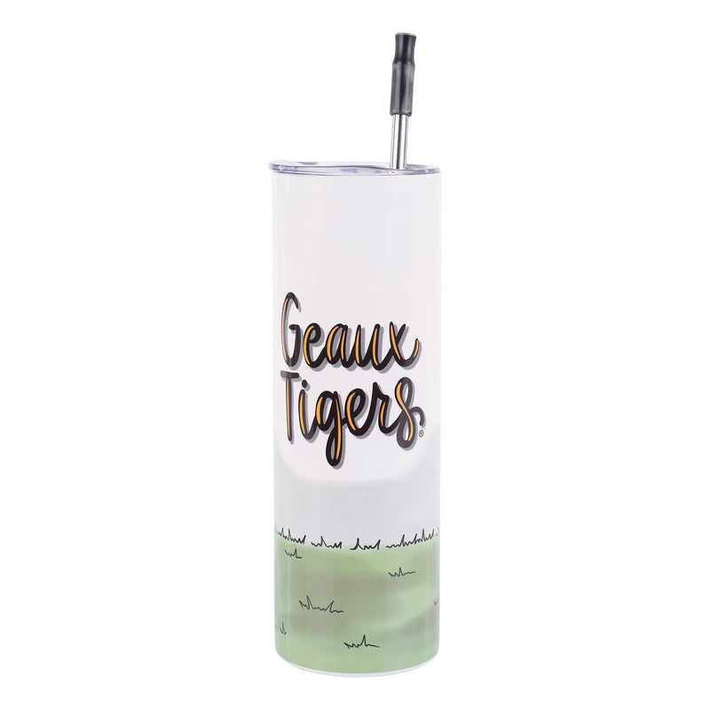 LSU Tumbler with 'Geaux Tigers' text and gradient design on a white background
