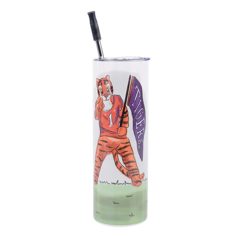 Clemson University tumbler featuring the Tiger mascot holding a Clemson flag.