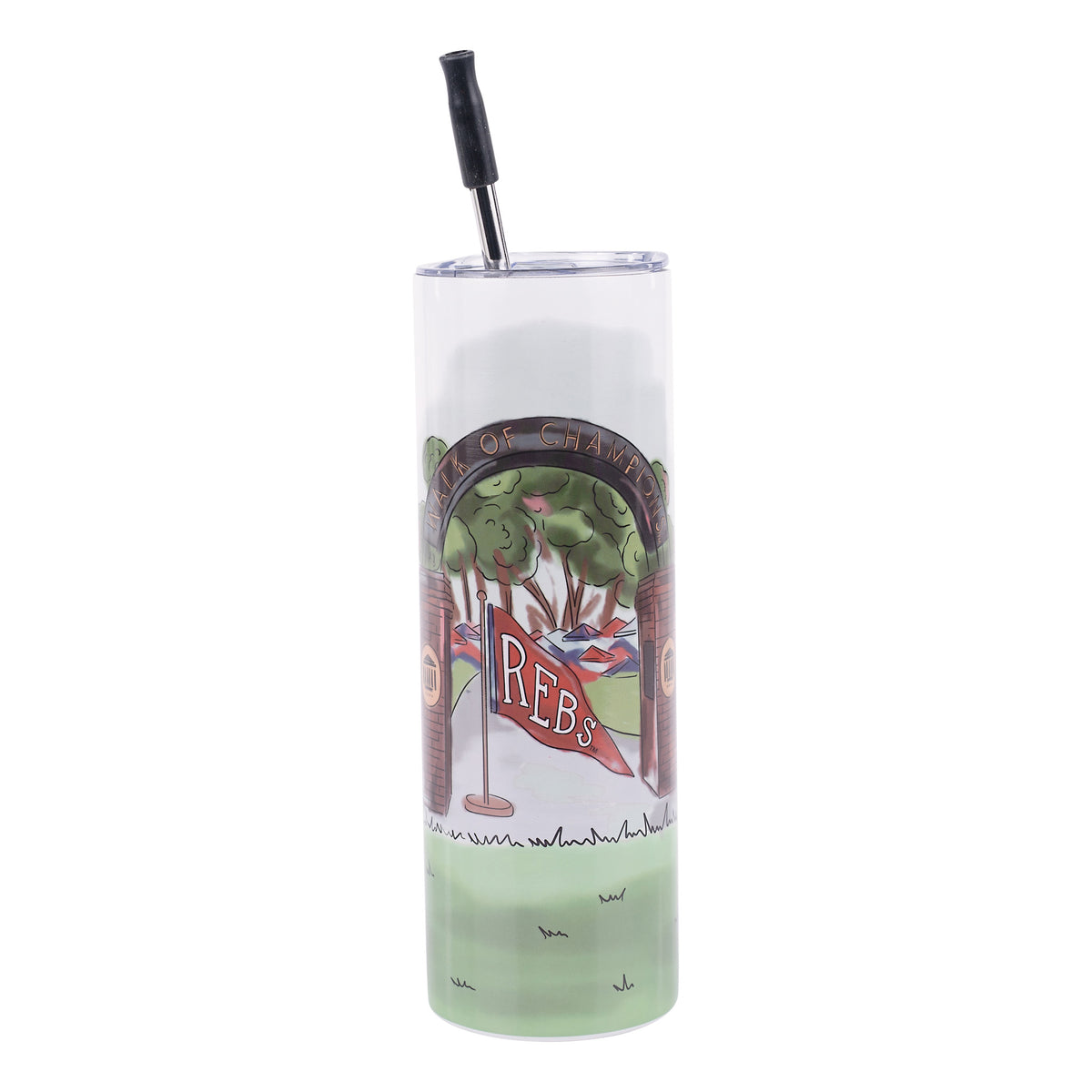 Ole Miss tumbler featuring the Walk of Champions and a Rebs flag.