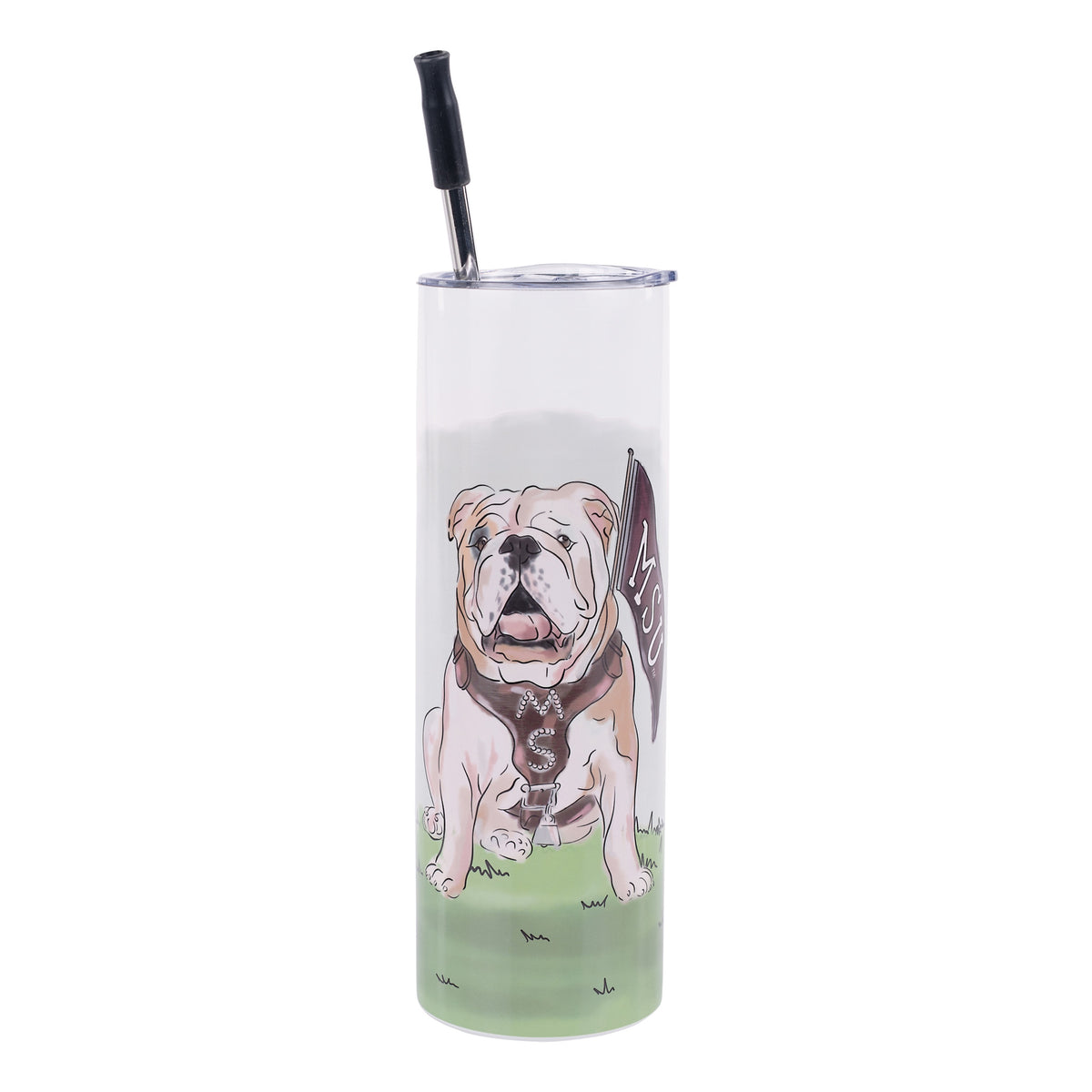 Mississippi State University tumbler featuring Bully holding an MSU flag.