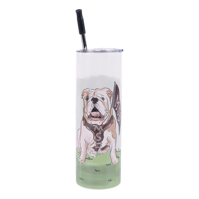 Mississippi State University tumbler featuring Bully holding an MSU flag.