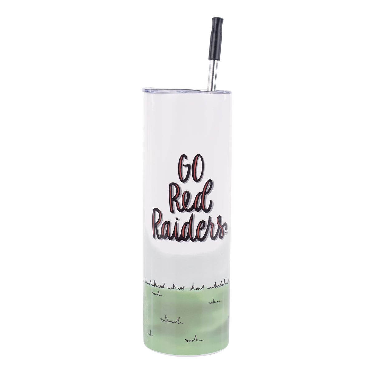 Texas Tech Tumbler with 'GO Red Raiders' text and grass design on a white background