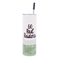 Texas Tech Tumbler with 'GO Red Raiders' text and grass design on a white background
