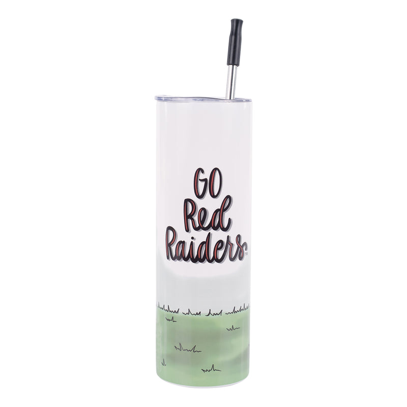 Texas Tech Tumbler with 'GO Red Raiders' text and grass design on a white background