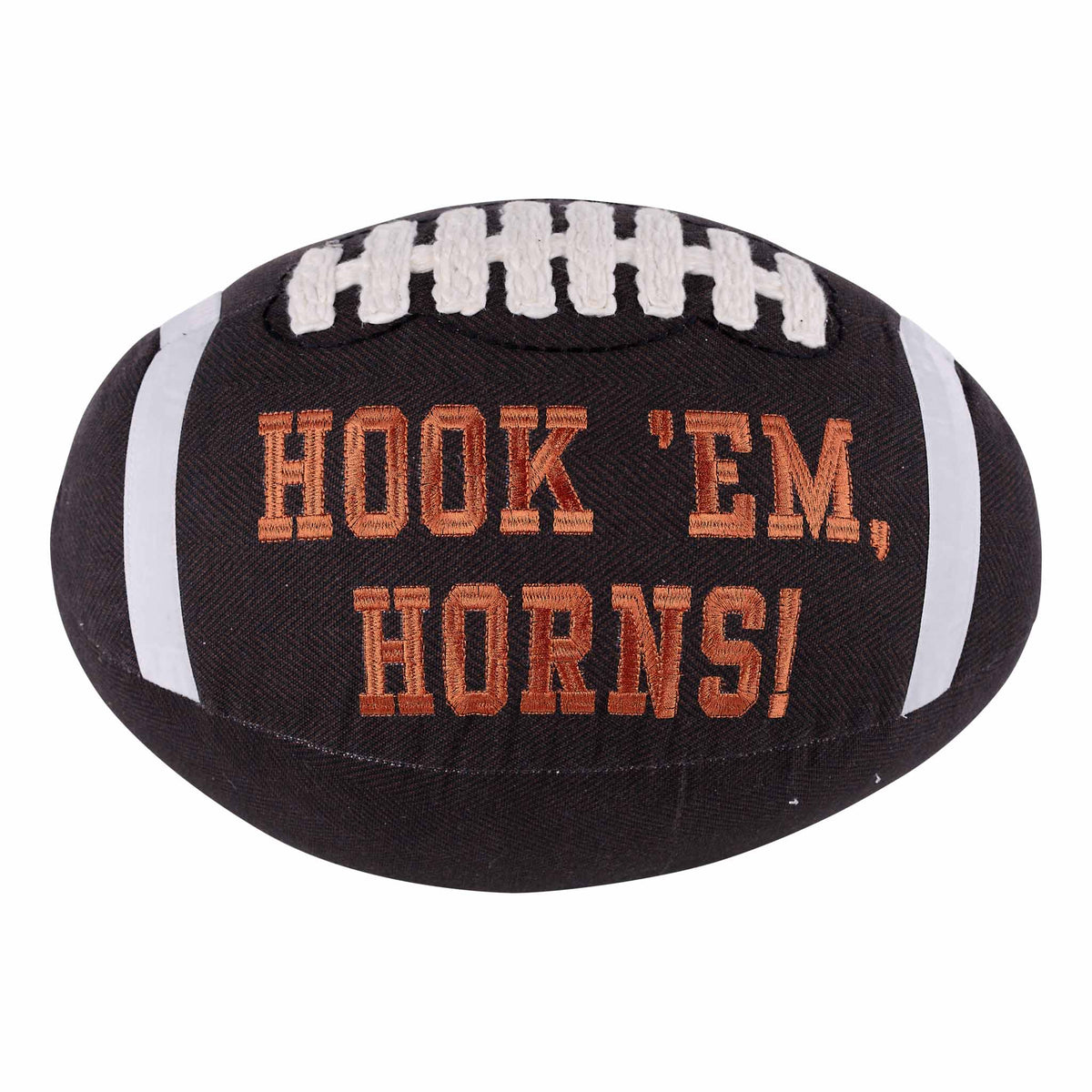 Black football with 'Hook 'Em, Horns!' text on a white background