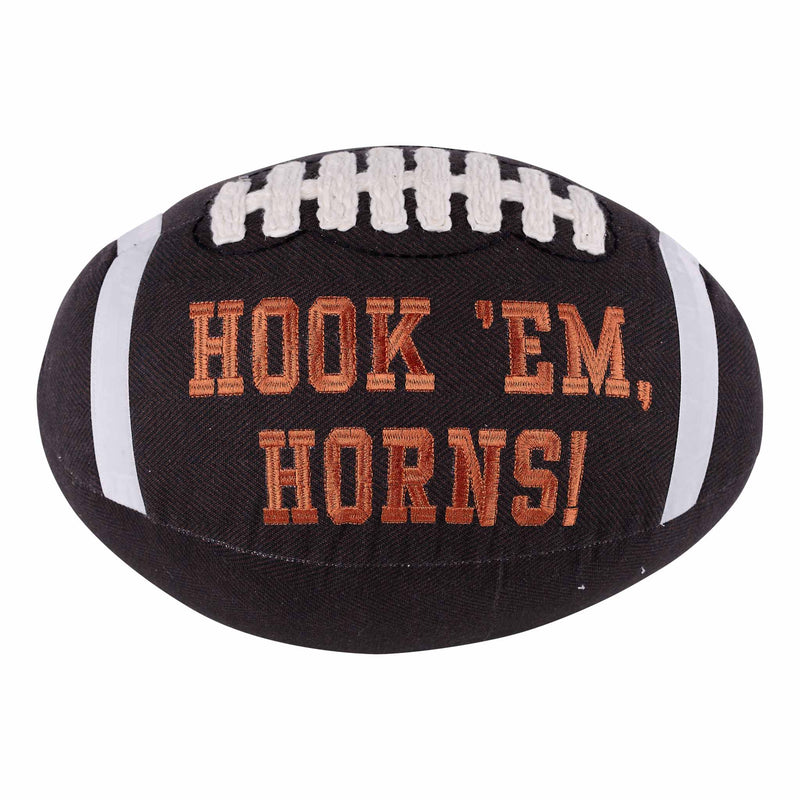 Black football with 'Hook 'Em, Horns!' text on a white background