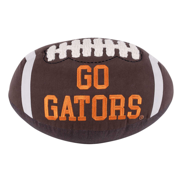 Plush University of Florida football with 'GO GATORS' text on a white background