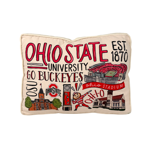 Decorative pillow with Ohio State University graphics and text on a white background
