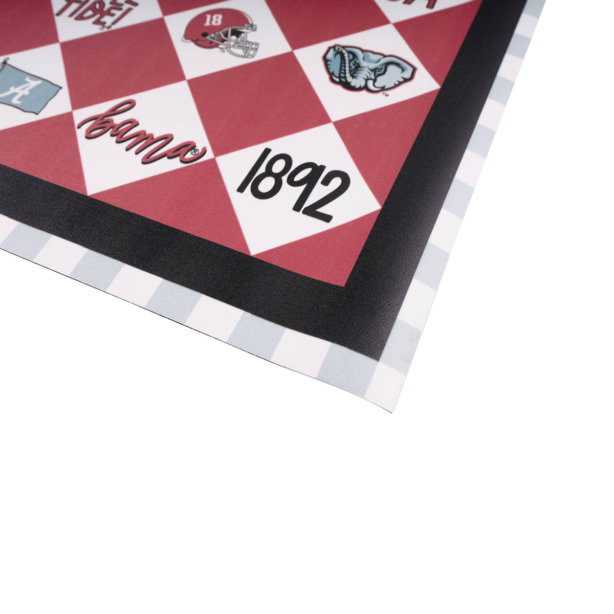 Patterned University of Alabama table runner with geometric designs on a white background