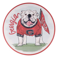 Circular UGA placemat with a bulldog wearing a red jersey and holding a UGA flag, on a white background.