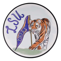 Decorative placemat with LSU Tigers logo featuring a tiger holding an LSU flag.