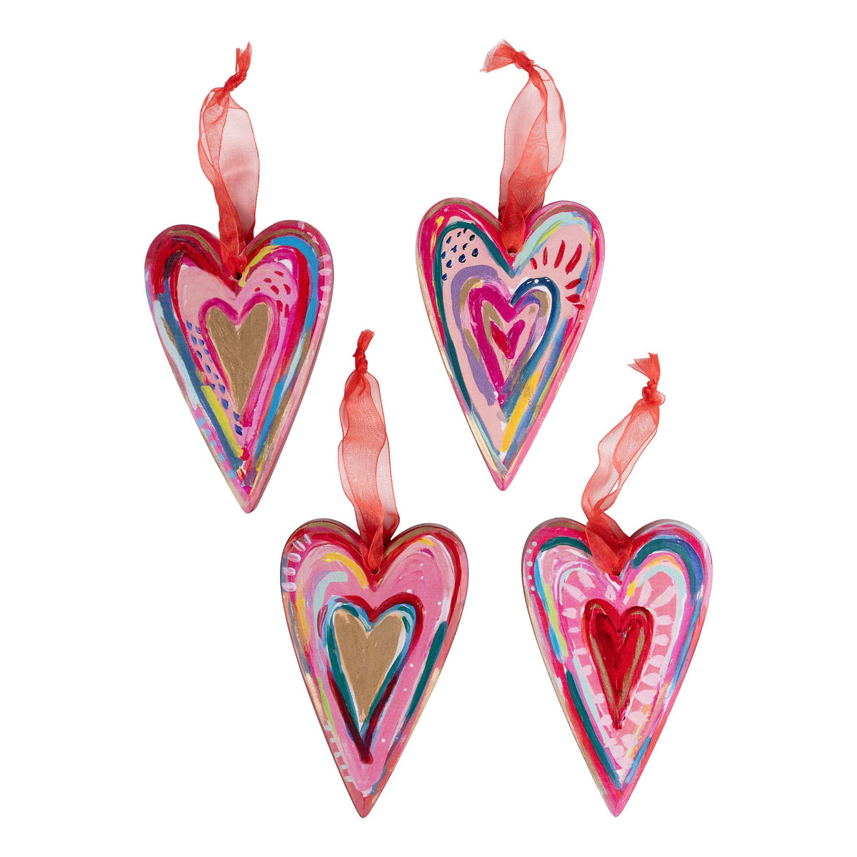 Wooden Ornament Set Hearts Set of 4