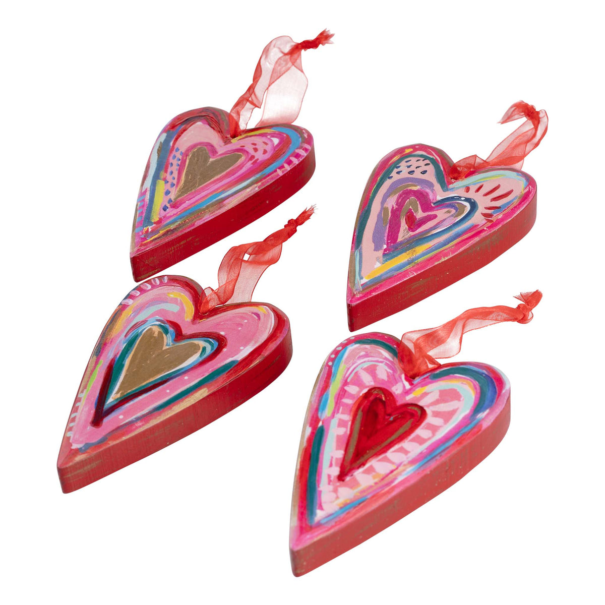 Wooden Ornament Set Hearts Set of 4