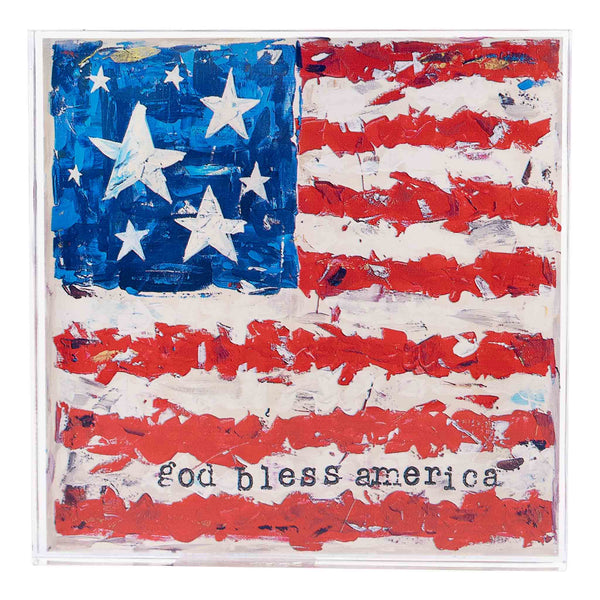 An acrylic stand with a painted design of the American flag and the phrase 'God bless America' written on it.