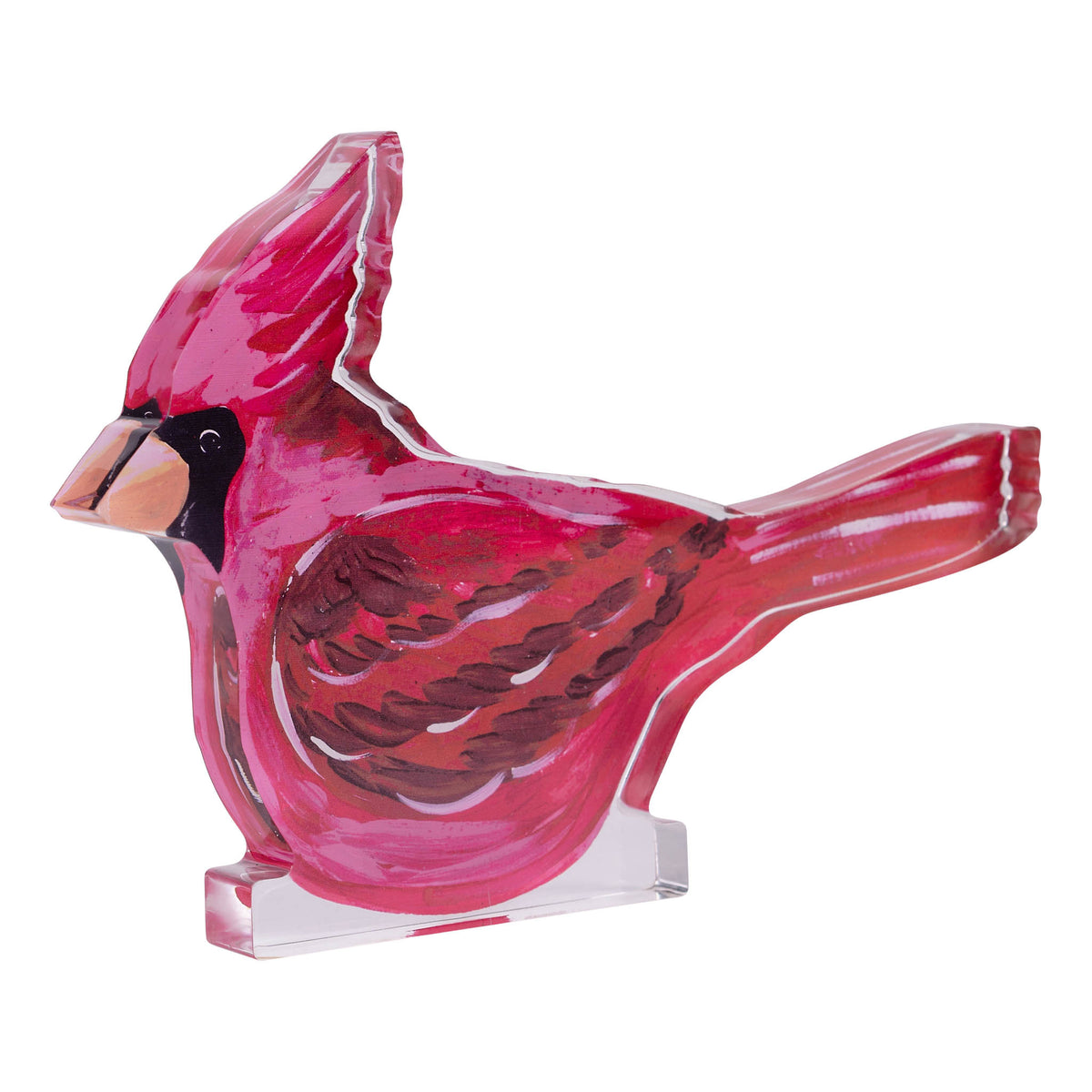Acrylic cardinal bird figurine on a white background